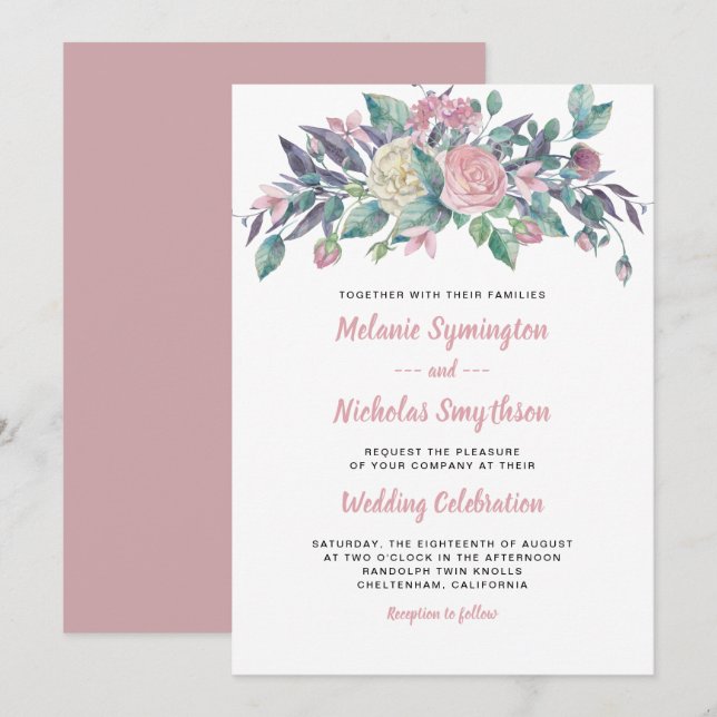 Invitations florales de mariage de rose (Devant / Derrière)