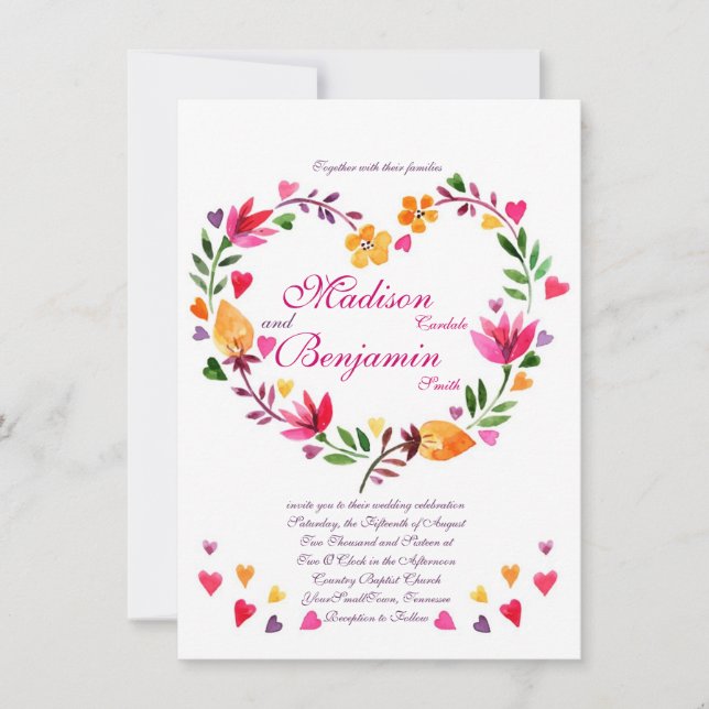 Invitations florales modernes de mariage de coeur (Devant)