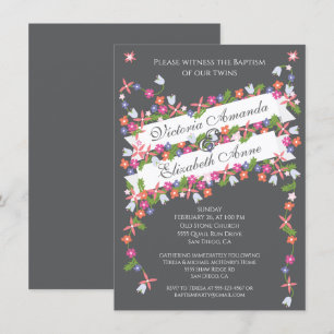 Invitations florales modernes jumeaux Baptême