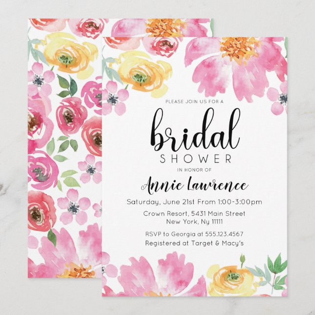 Invitations florales vibrantes de douche nuptiale (Devant / Derrière)