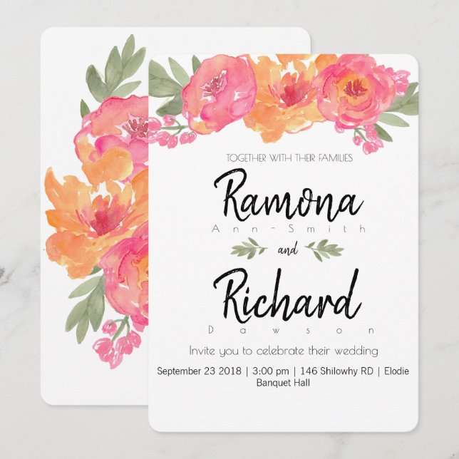 invitations floraux mariages rose et orange (Devant / Derrière)