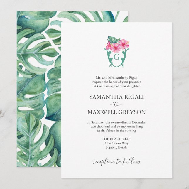 Invitations formelles de mariage Botaniques tropic (Devant / Derrière)