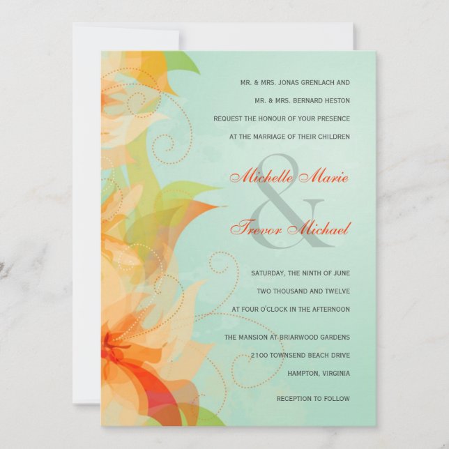 Invitations formelles florales oranges de mariage (Devant)