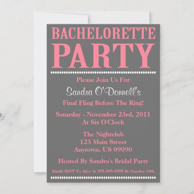 Invitations Fraîches Bachelorette (Pink / Grey) (Devant)