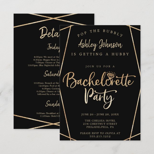 Invitations Gold Bachelorette Party - Itinéraire (Devant / Derrière)