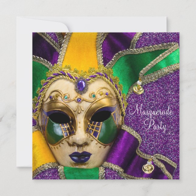 Invitations Green Purple Gold Masquerade Party (Devant)