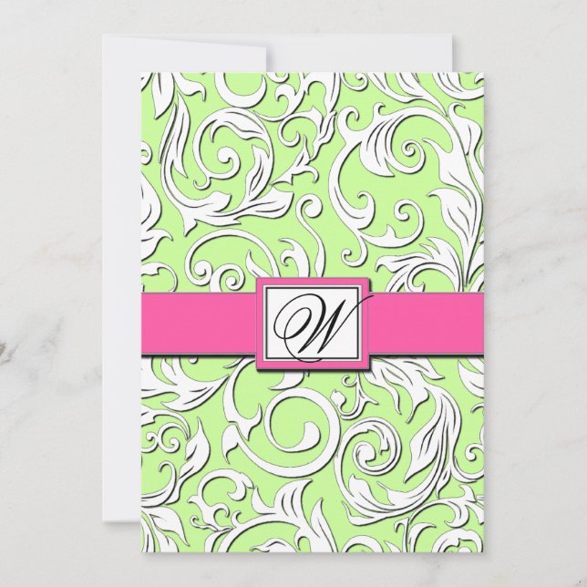 Invitations Hot Rose & Lime Green Mariage damassé (Devant)