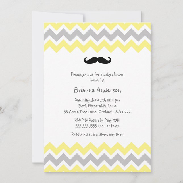 Invitations jaunes de baby shower de moustache (Devant)