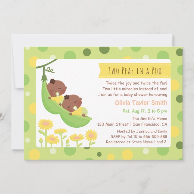 Invitations jumelles de baby shower de pois (Devant)