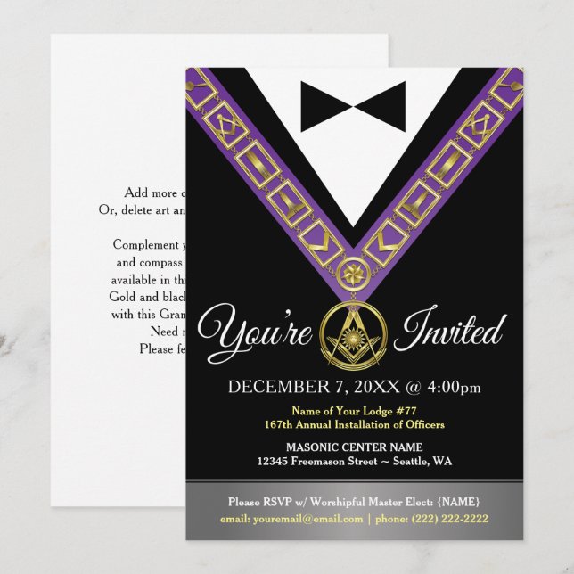 Invitations maçonniques Grand Lodge | Purple et or (Devant / Derrière)