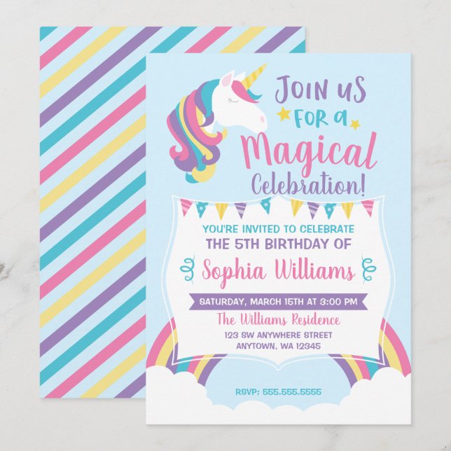 Invitations magiques d'anniversaire de licorne de (Devant / Derrière)