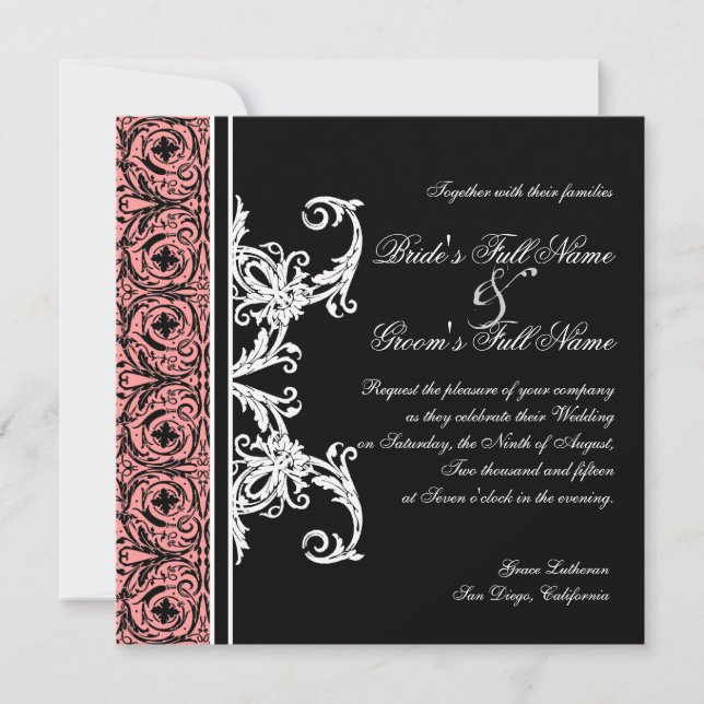 Invitations Mariage damassé Cercle noir et blanc (Devant)