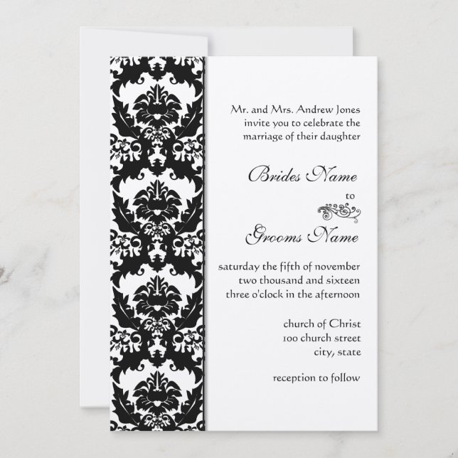 Invitations Mariage damassé en noir et blanc (Devant)