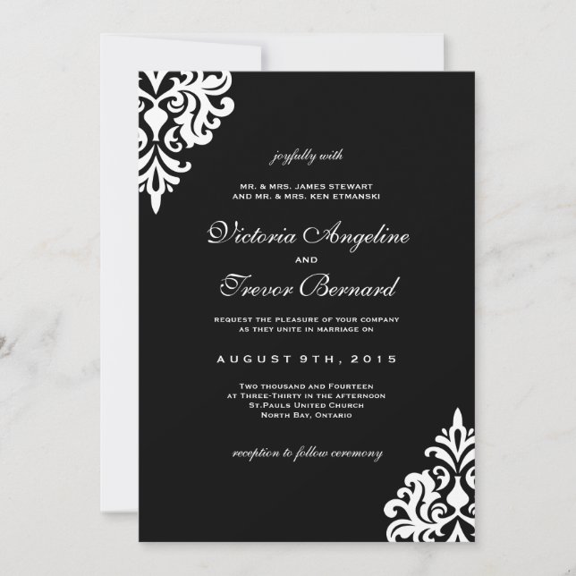 Invitations Mariage damassé en noir et blanc (Devant)