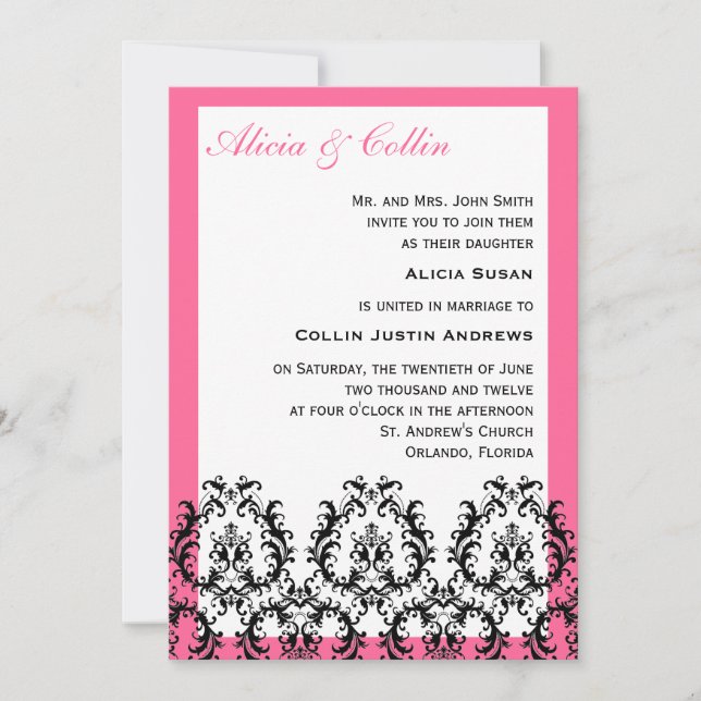 Invitations Mariage damassé en noir et rose (Devant)
