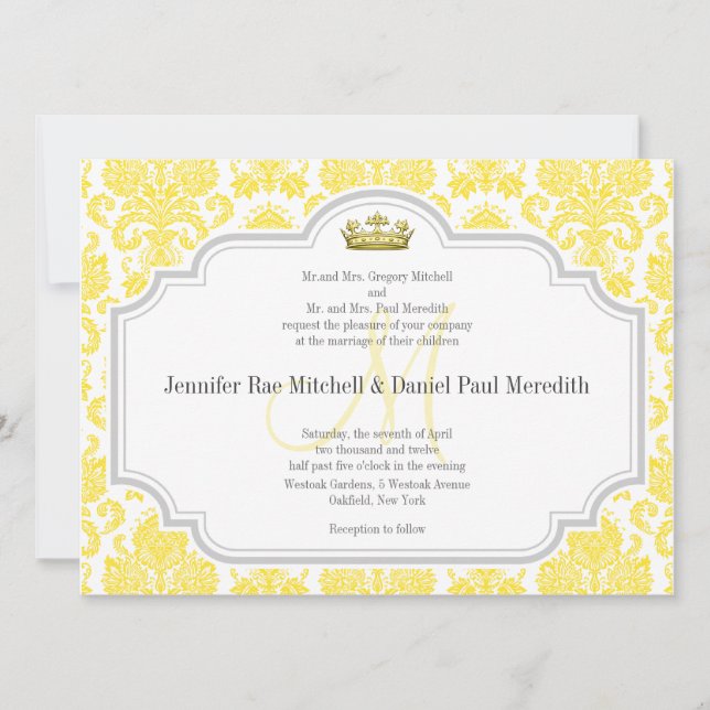 Invitations Mariage damassé Jaune Monogramme M (Devant)
