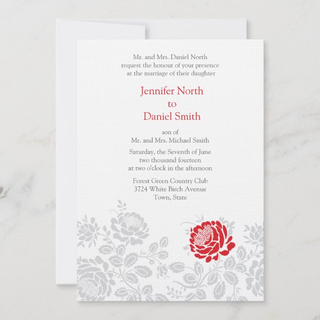 Invitations Mariage damassé Rouge Et Gris (Devant)