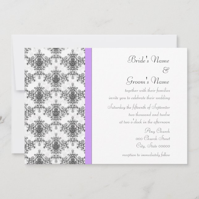 Invitations Mariage damassé violet noir blanc (Devant)