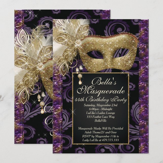 Invitations Masquerade Birthday Event Party (Devant / Derrière)