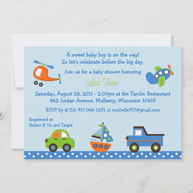 Invitations minuscules de baby shower de transport (Devant)