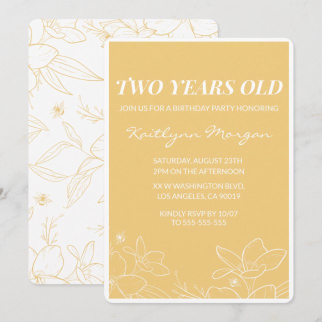 Invitations modernes de 2e anniversaire Floral Jau (Devant / Derrière)