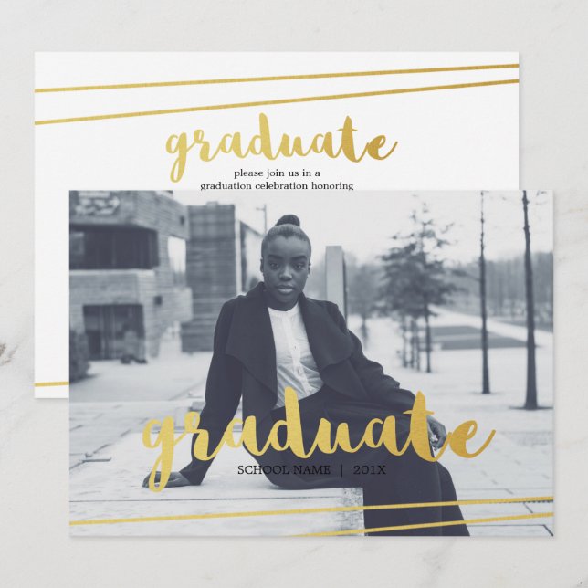 Invitations modernes de diplômés en noir, or et bl (Devant / Derrière)