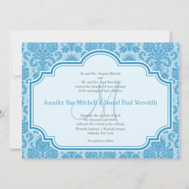 Invitations Monogram M Blue Mariage damassé (Devant)