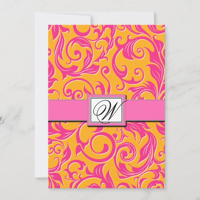Invitations Monogrammes Damask Orange & Pink Weddi (Devant)