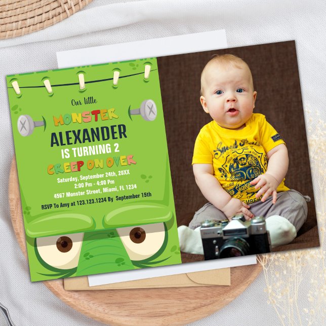 Invitations Monster Anniversaire, Monster Vert pho (Monster Birthday Invitations, Green Monster photo Invitation)