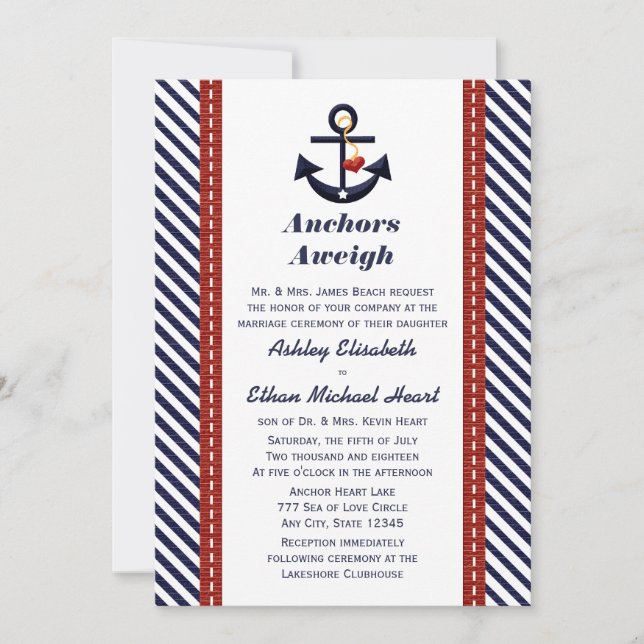 Invitations nautiques de mariage d'Ancre rouge de (Devant)