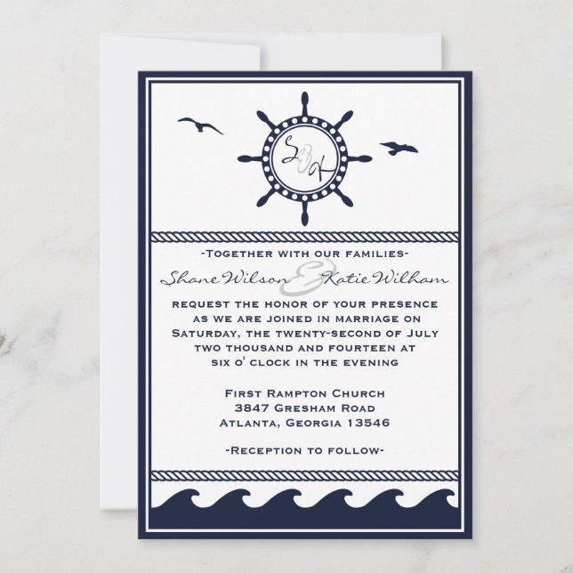 Invitations nautiques de mariage de bleu marine et (Devant)