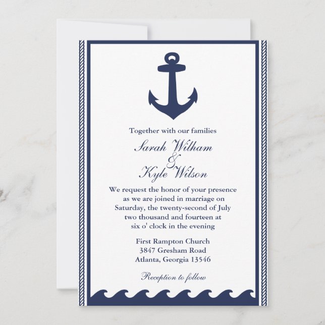 Invitations nautiques de mariage de bleu marine et (Devant)