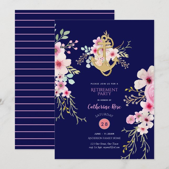 Invitations nautiques de retraite Marine bleu rose (Devant / Derrière)
