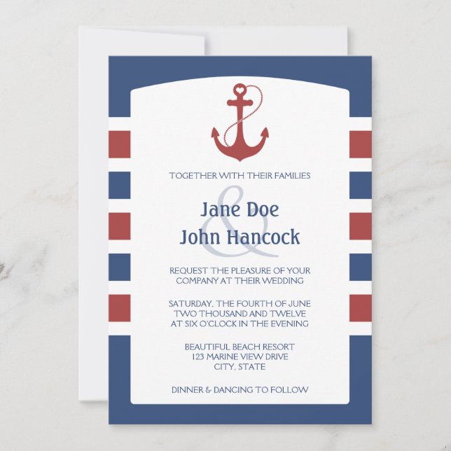 Invitations nautiques rouges et bleues de mariage (Devant)