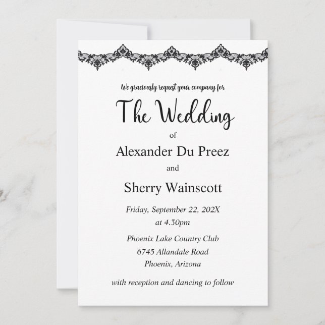 Invitations noces en dentelle noir et blanc (Devant)