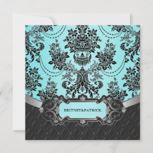 Invitations noires de mariage bleu Damas
