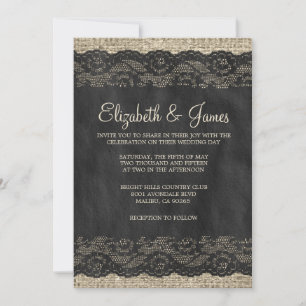 Invitations noires de mariage de dentelle rustique