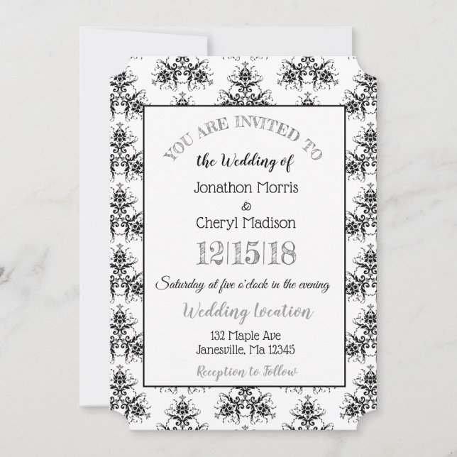 Invitations noires et blanches Damask Classy Weddi (Devant)