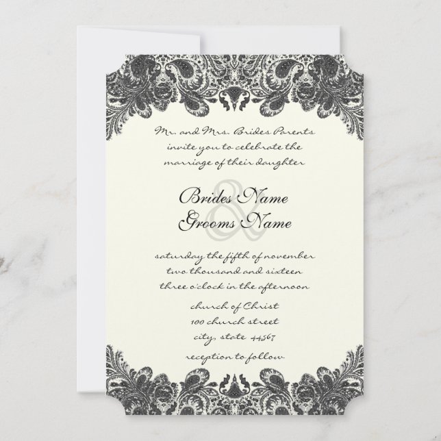 Invitations noires et ivoires de mariage Paisley (Dos)