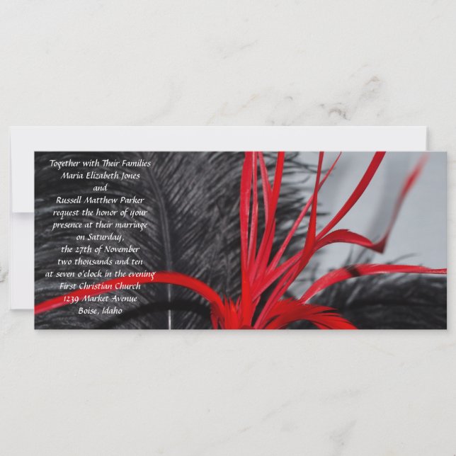 Invitations noires et rouges de mariage de plume (Devant)