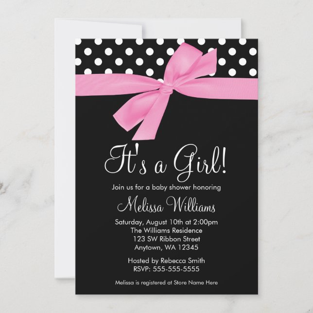 Invitations noires roses de baby shower de point (Devant)