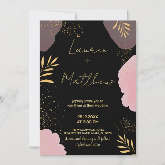 Invitations noires roses Golden Wedding (Devant)