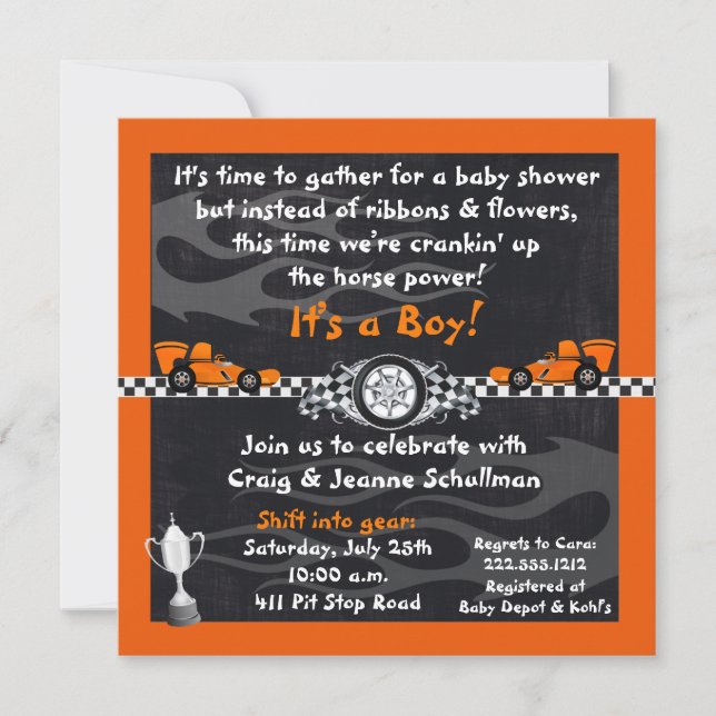 Invitations oranges de baby shower de voiture de (Devant)