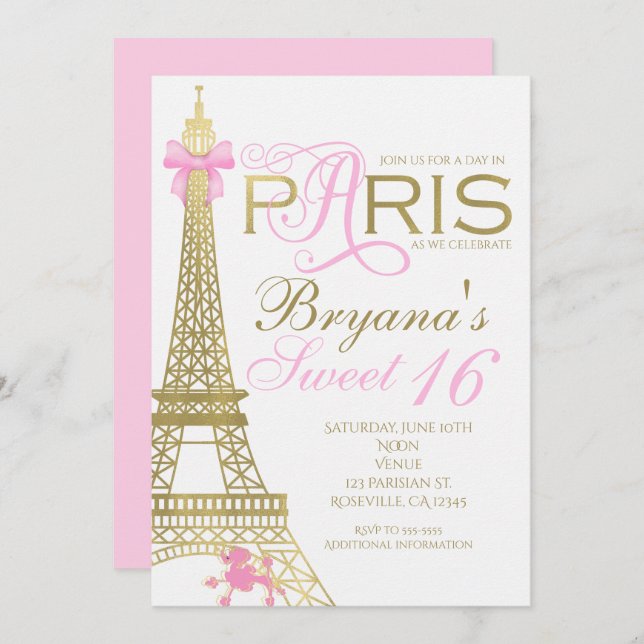 Invitations Paris Chic Elegant Pink & Gold Party (Devant / Derrière)