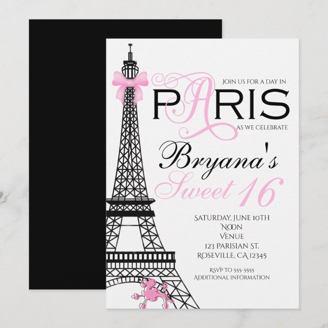 Invitations Paris Chic Elegant Rose & Black Party (Devant / Derrière)