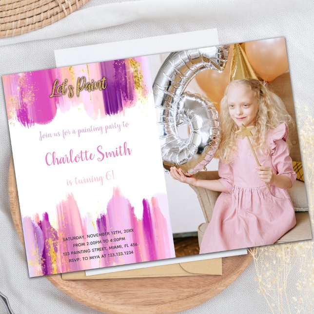 Invitations personnalisables de parties artistique (Paint Birthday Invitation Purple with photo)