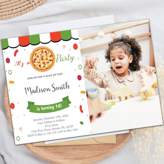 Invitations personnalisables de pizza Party pour e (Red Green Pizza Birthday Invitations with photo)