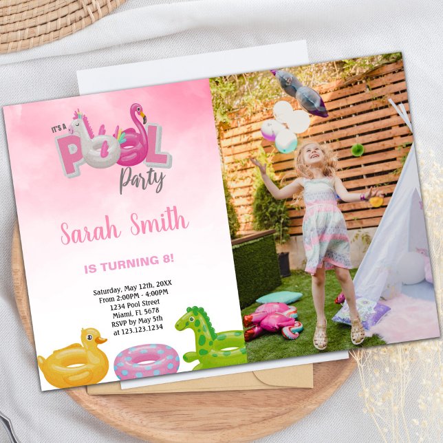Invitations personnalisables pour les enfants (Unicorn Flamingo Pool Birthday Invitations photo)