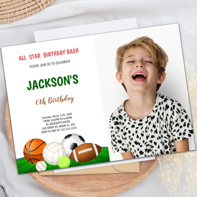Invitations personnalisables pour les enfants (All Star Bash Sports Birthday Invitations w photo)