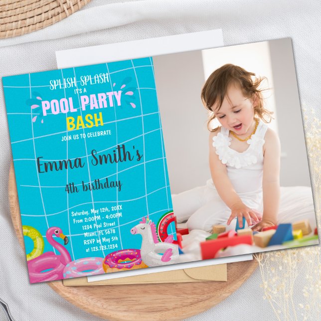 Invitations personnalisables pour les enfants (Pool Bash Birthday Invitations with photo)
